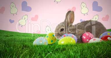 Easter rabbit with eggs in front of pattern