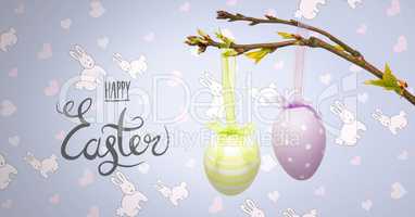 Happy Easter text with Easter eggs on branch in front of pattern