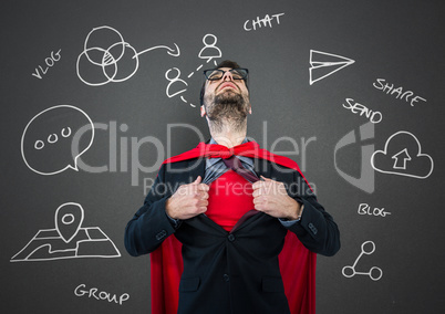 Business man superhero opening shirt against grey wall with white business doodles