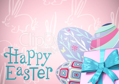 Blue type and pink gift and purple eggs against pink easter pattern