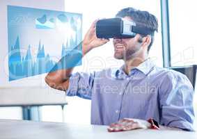 Man wearing VR Virtual Reality Headset with Interface