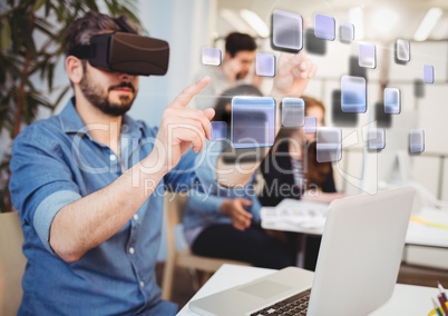 Man wearing VR Virtual Reality Headset with Interface