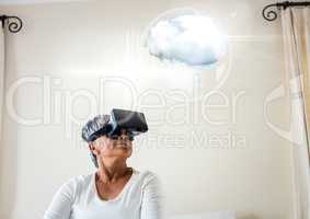 Older Woman wearing VR Virtual Reality Headset with Interface