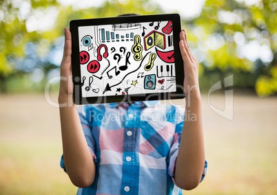 Kid holding tablet over face showing music doodles and white background