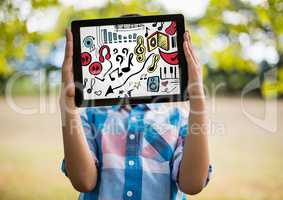 Kid holding tablet over face showing music doodles and white background