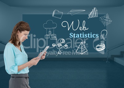 Woman on tablet with Web statistics text with drawings graphics