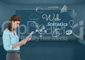 Woman on tablet with Web statistics text with drawings graphics