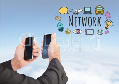 Hands with two phones and Network text with drawings graphics