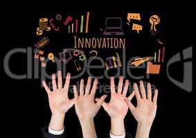 Many hands reaching with Innovation text with drawings graphics