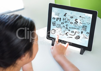 Woman touching tablet on stand showing black business doodles and sky