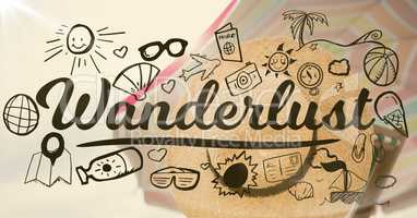 Wanderlust graphic with hat and beach umbrella  background
