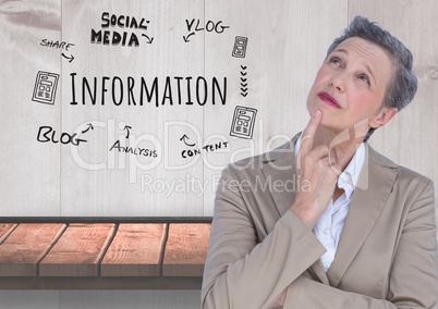 Older Businesswoman thinking and Information and social media text with drawings graphics
