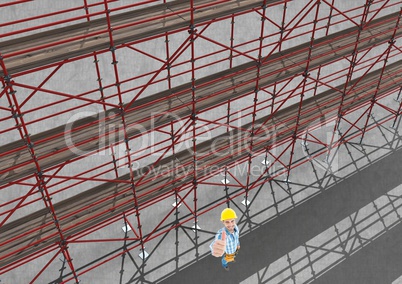 Sky view of 3D scaffolding beside happy builder raising his hand