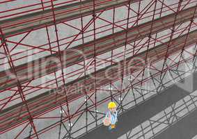 Sky view of 3D scaffolding beside happy builder raising his hand
