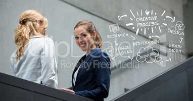 Portrait of happy businesswoman standing with colleague by various icons