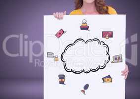 Woman holding card with cloud and business graphics drawings