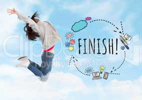Woman jumping and Finish text with drawings graphics