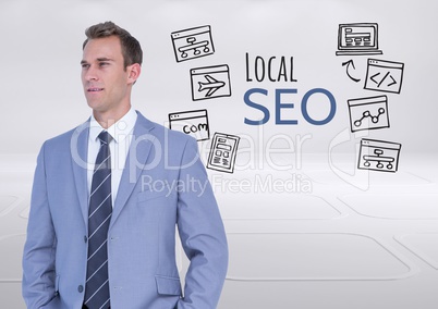 Businessman and Local SEO text with drawings graphics