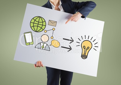 Businesswoman holding card with idea bulb and business graphics drawings