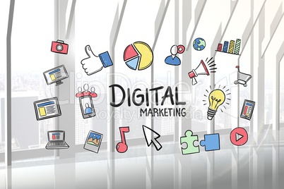 Digital marketing text surrounded with various icons in office
