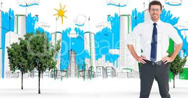 Digital composite of confident businessman standing with hands on hip in city