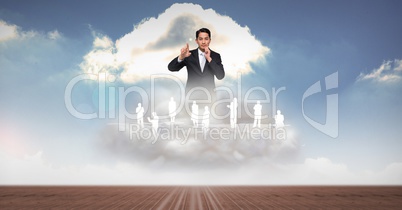 Digitally generated image of businessman with employees on clouds