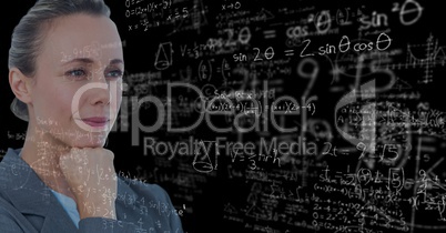 Digital composite image of thoughtful businesswoman with math equations on blackboard