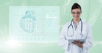 Digitally generated image of female doctor using digital tablet by diagram against green background