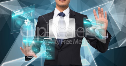 Midsection of businessman touching screens