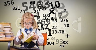 Digitally generated image of girl studying with numbers flying against beige background