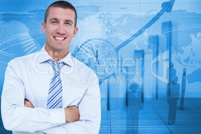 Portrait of businessman standing arms crossed against graphic background