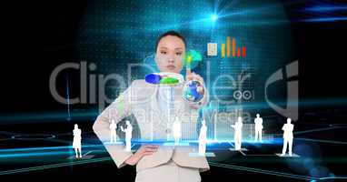 Digital composite image of businesswoman with touching screen