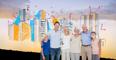 Digital composite image of happy family with buildings against sky