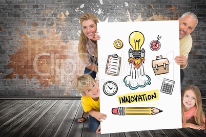 Happy family holding placard with innovation text and icons