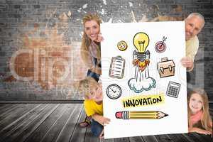 Happy family holding placard with innovation text and icons