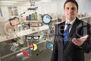 Digital composite image of businessman gesturing by market research text and icons