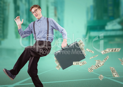 Business man on track with money falling out of briefcase against blurry city with teal overlay