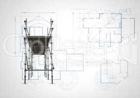 front of 3D scaffolding with white and blueprint background
