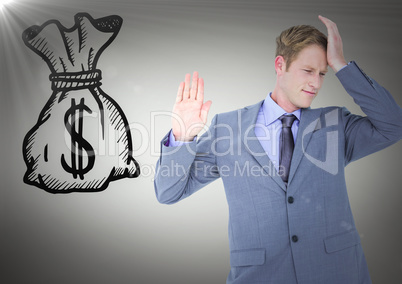 Business man refusing money doodle against grey background with flare