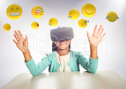 Kid in VR beneath emojis against white background