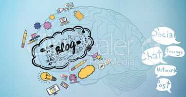 3d image of brain with various icons and speech bubbles