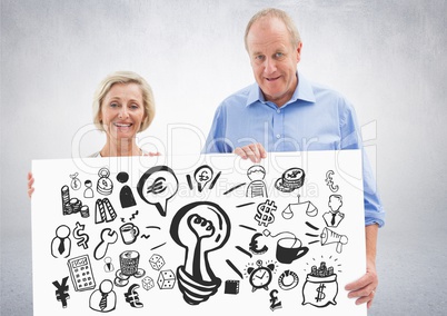 Elderly couple holding card with ideas money and business graphic drawings