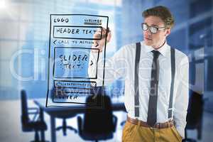 Composite image of geeky businessman writing with marker