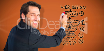 Composite image of businessman standing and writing while looking at camera