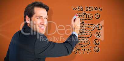 Composite image of businessman standing and writing while looking at camera