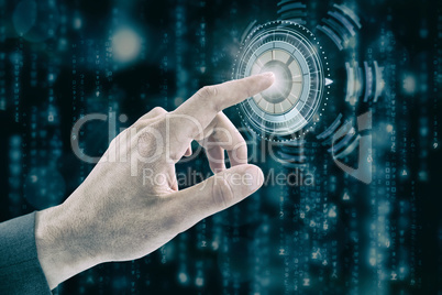 Composite image of cropped hand of businessman touching digital screen