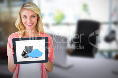 Composite image of young pretty student showing tablet pc