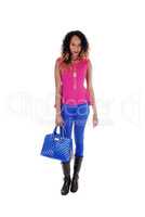 Beautiful woman standing with blue purse.