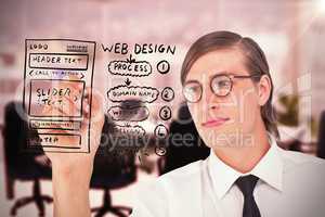 Composite image of geeky businessman writing with pen