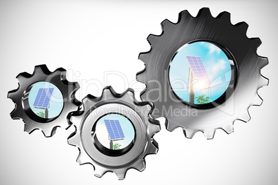 Composite image of metal cogs and wheels connecting